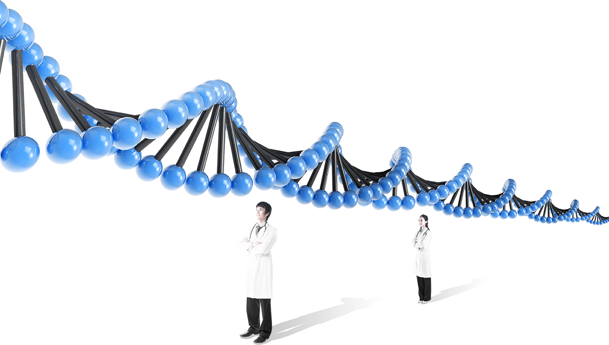 DNA helix illustration with two laboratory scientists